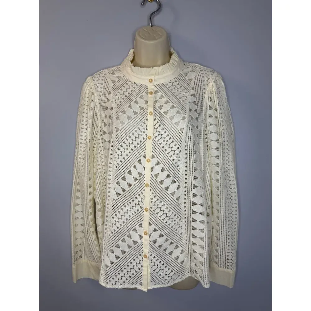 Anthropologie Lace Button Down Blouse Women's 16W Romantic Festival Cream